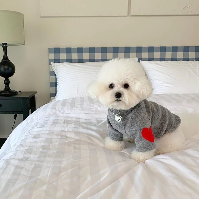 Winter Dog Shirt Heart-shaped Patch, Embroidery Sweatshirt, Chihuahua Breathable Warm Shirt, Puppy Outdoor Clothes