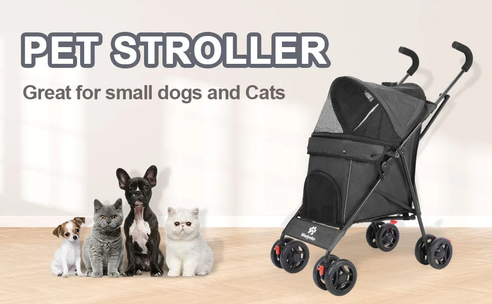 Wedyvko Pet Dog Stroller 4 Wheels, Puppy Stroller Rotate with Brakes Storage for Dogs Cats
