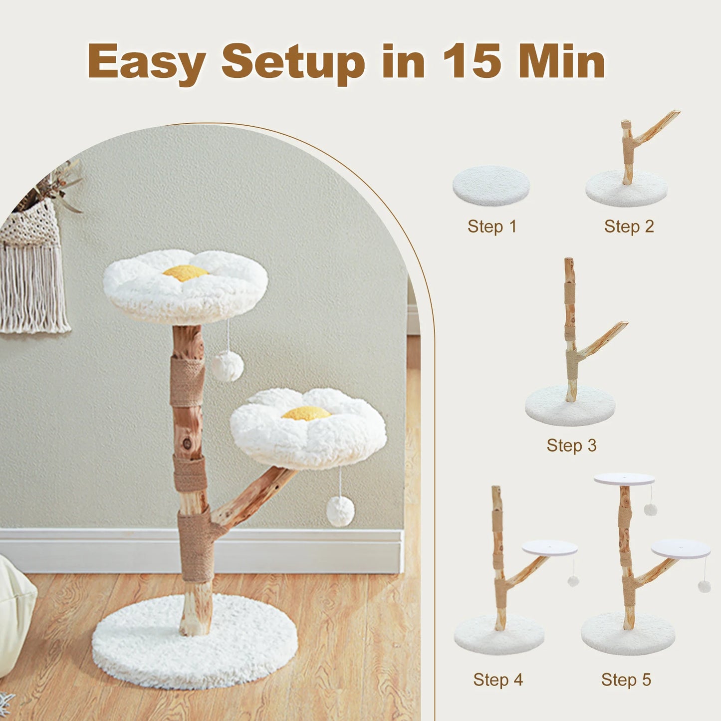 Solid Wood Cat Tree, Modern Cat Tower with Spacious Cat Condo, Flower Perches, Fun Pompom, Double Comfort Perfect for Indoor Kittens