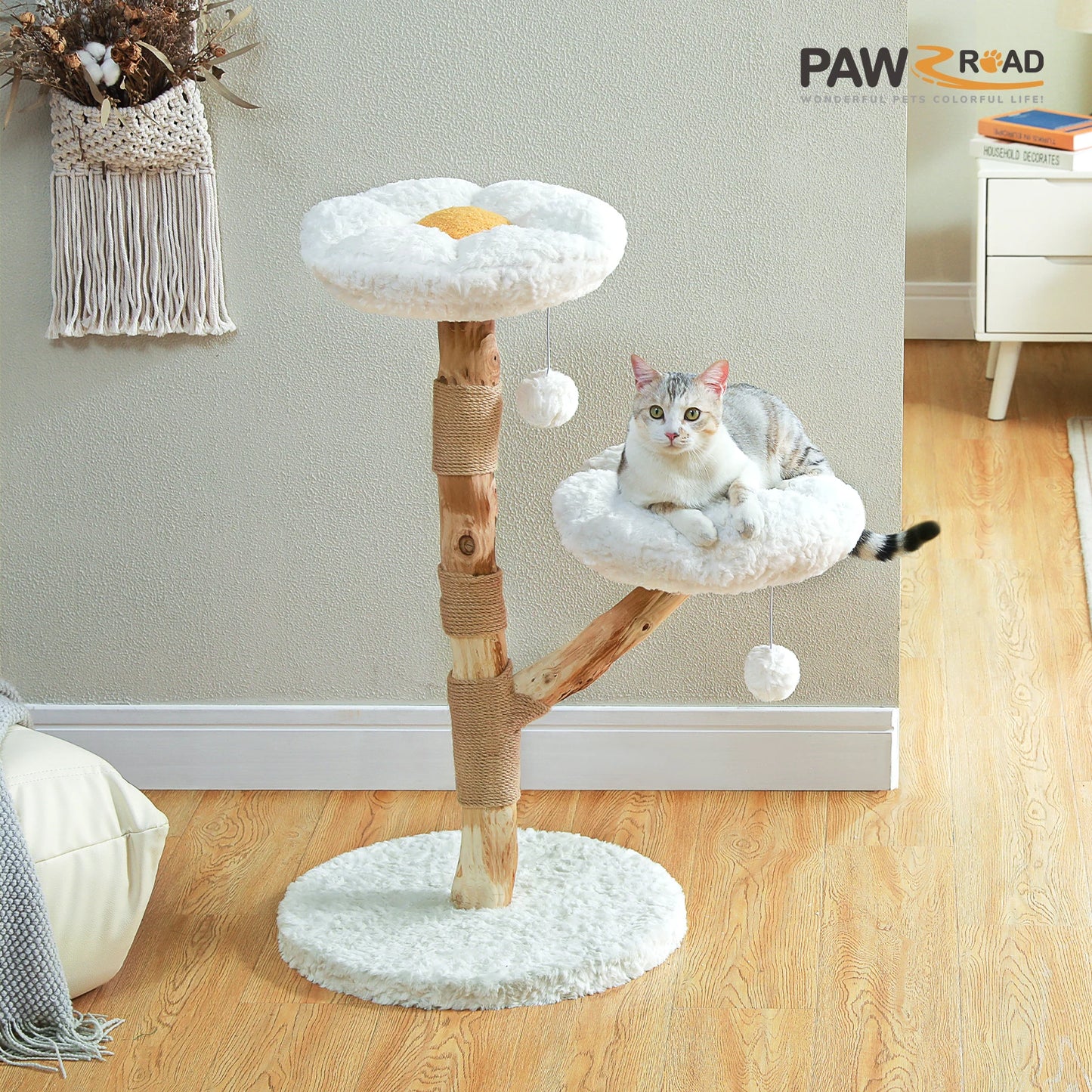 Flower Cat Tree for Indoor Cats ,  Modern Wood Cat Tower with 2 Perches , Sisal Scratching Post Scraper for Cats