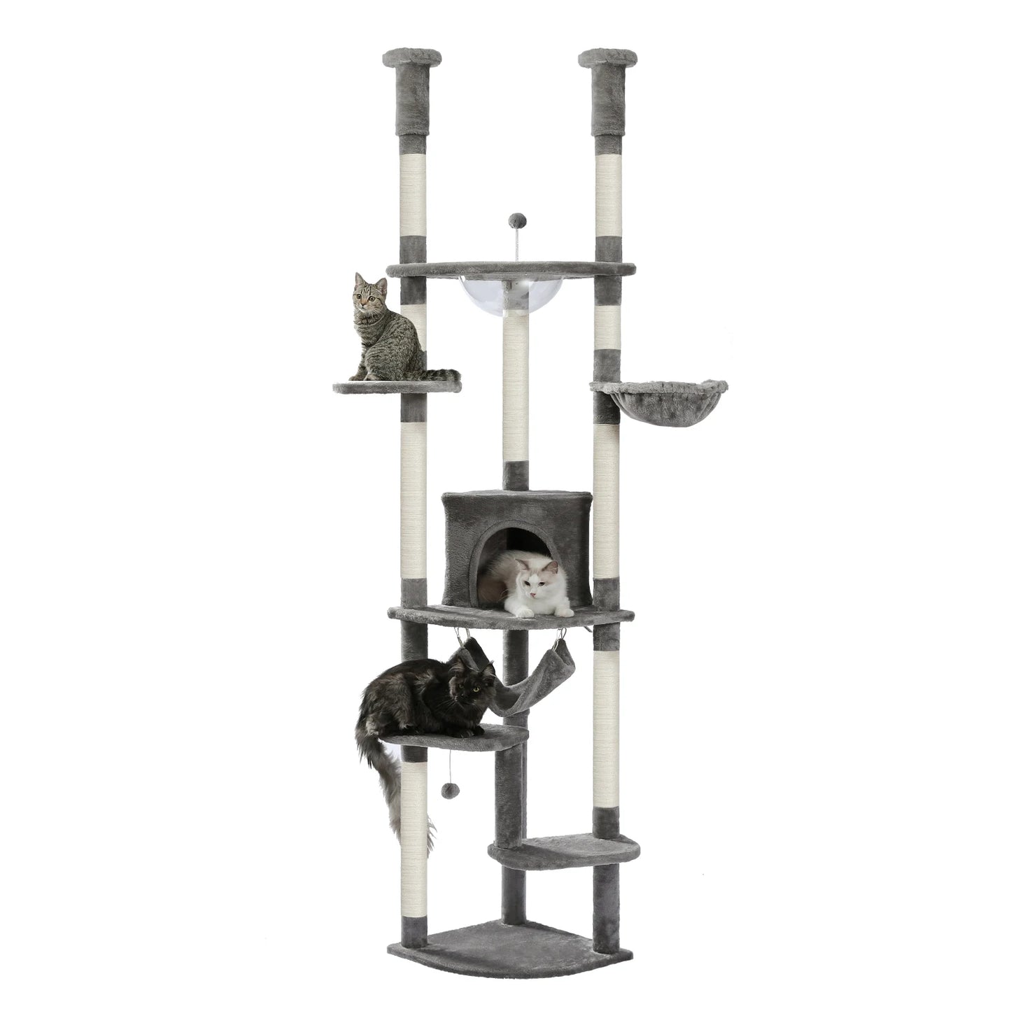 Floor to Ceiling Cat Tree Adjustable, Cat Tower Tall Kitty Climbing Play House with Scratching Posts, Cozy Condo Perches, Hammock