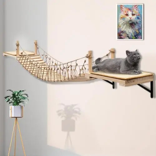 Wall-Mounted Cat Roped Bridge Long for Indoor Cats, Cat Wall Shelves for Sleeping, Playing, Climbing, Wooden Cats Bed and