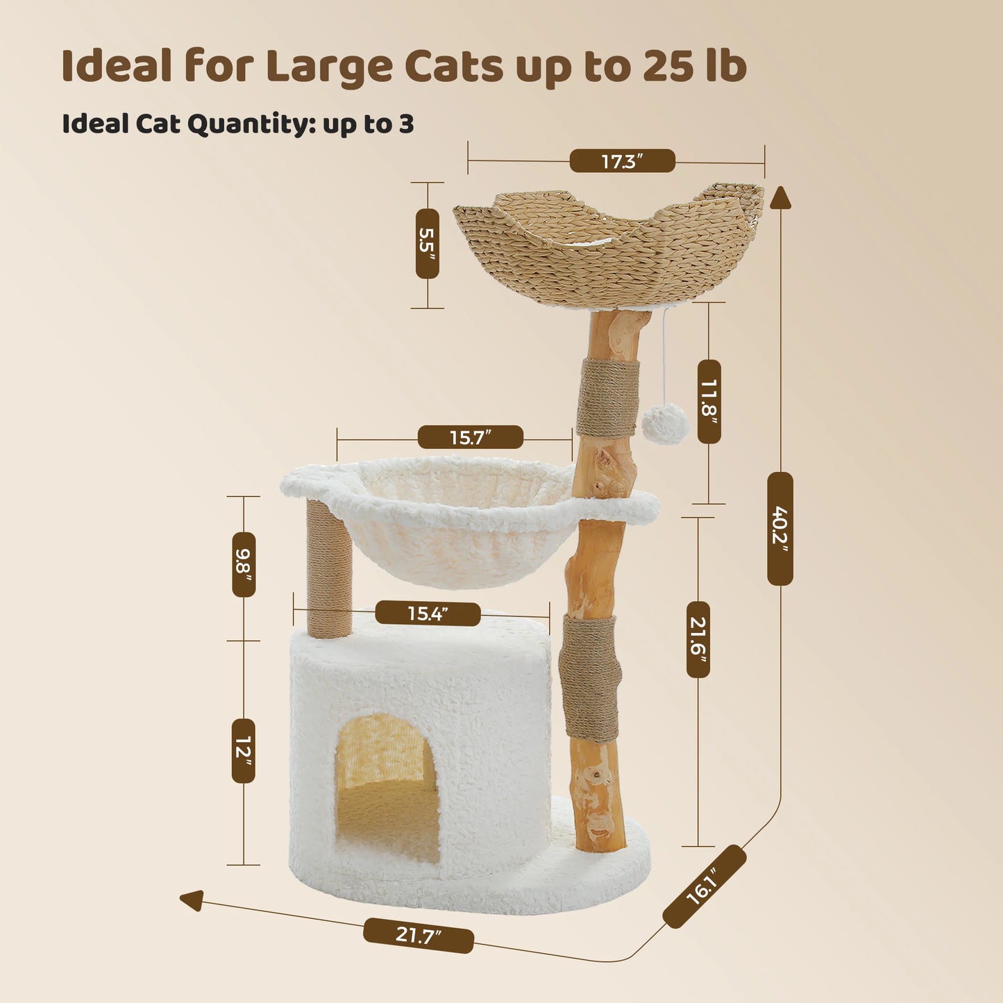 Solid Wood Cat Tree, Modern Cat Tower with Spacious Cat Condo, Flower Perches, Fun Pompom, Double Comfort Perfect for Indoor Kittens