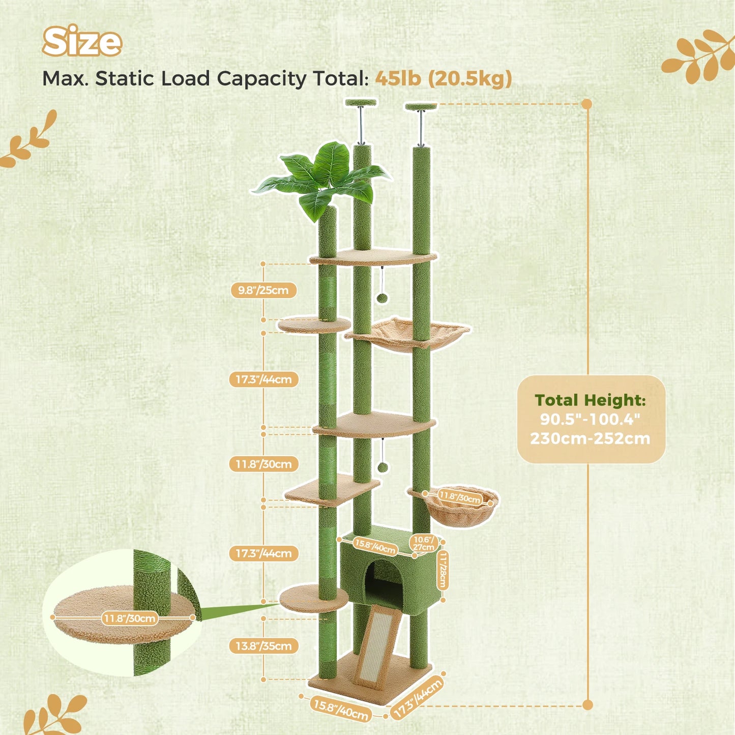 Height Adjustable Wooden Cat Tree with Large Hammock, Sisal Scratching Posts ,Floor to Ceiling Cat Tower ,Cozy Cat Condo for Indoor