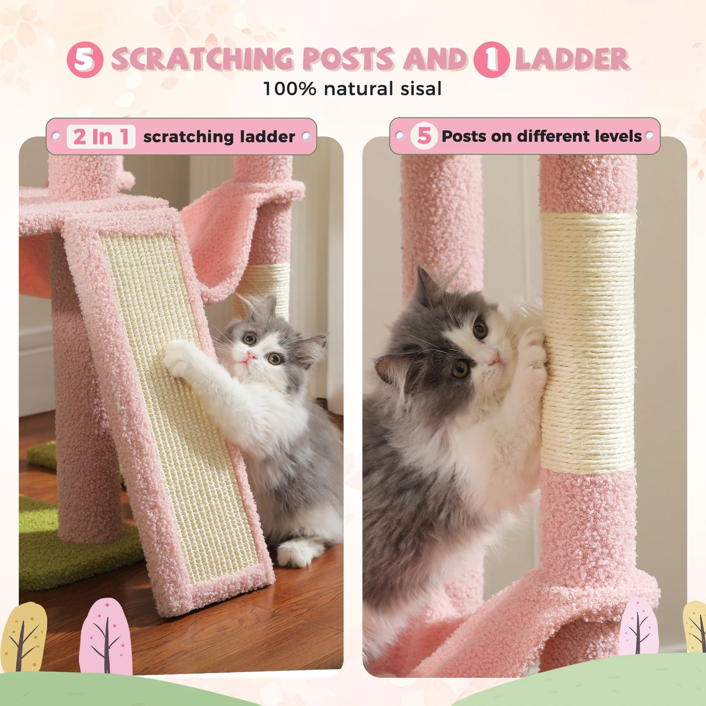 Cactus Cat Tree Floor to Ceiling, Cat Tower 7 Tiers, Cat Climbing Tree with Cozy Hammocks and Condos 5 Platforms, Scratching Posts