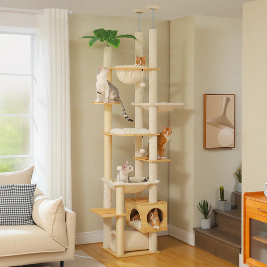Height Adjustable Wooden Cat Tree with Large Hammock, Sisal Scratching Posts ,Floor to Ceiling Cat Tower ,Cozy Cat Condo for Indoor