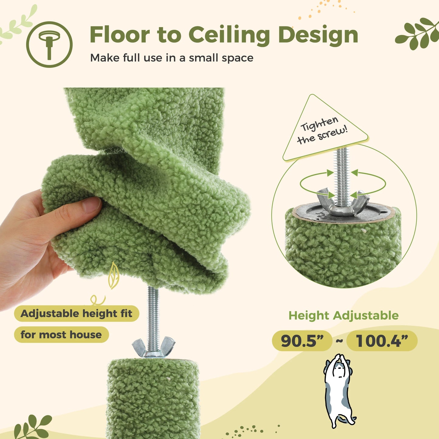 Height Adjustable Wooden Cat Tree with Large Hammock, Sisal Scratching Posts ,Floor to Ceiling Cat Tower ,Cozy Cat Condo for Indoor