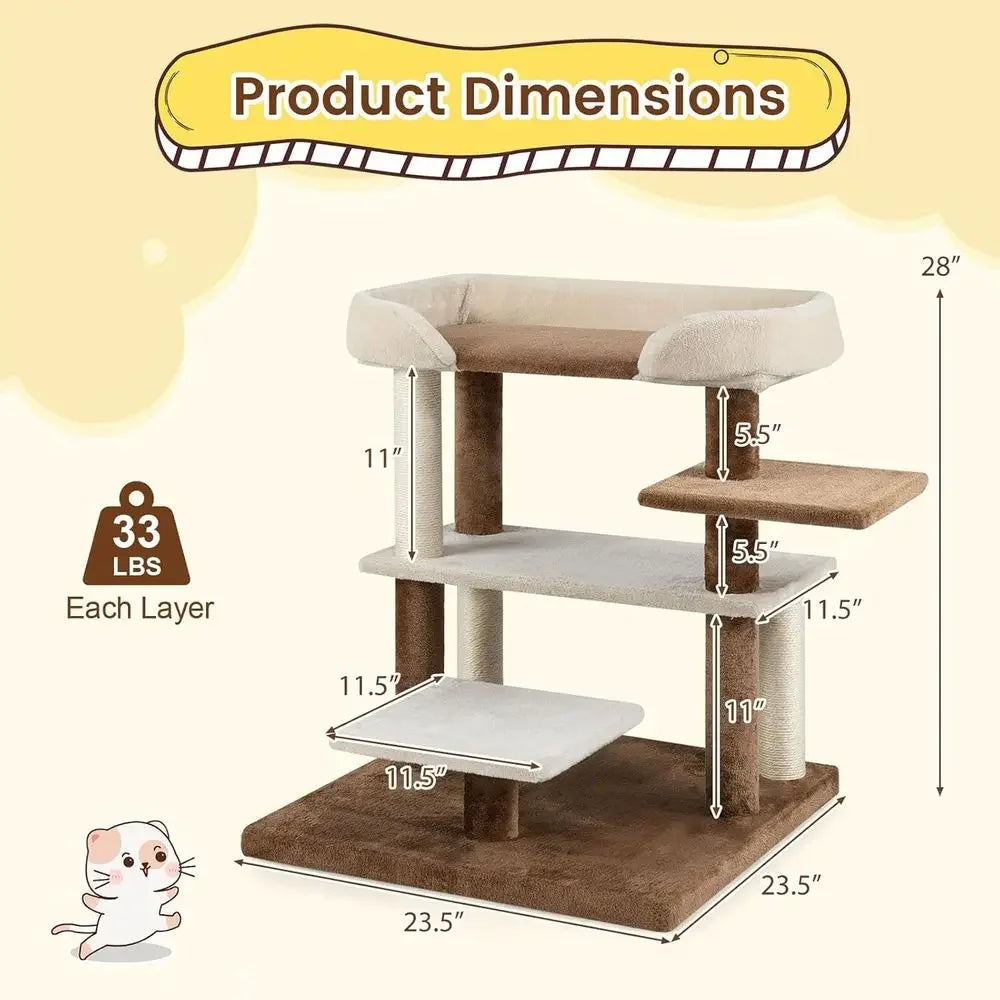 Compact 28 Cat Tower with Sisal Posts, Multi-Level Platforms and Cozy Top for Senior Cats