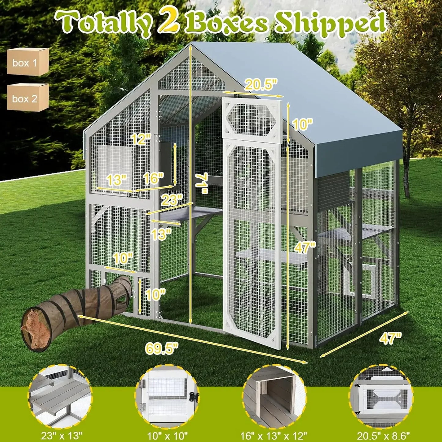 NEW 71" H Catio Outdoor Cat Enclosure for Multiple Cats Large Wooden Walk in Cats House Outside Weatherproof