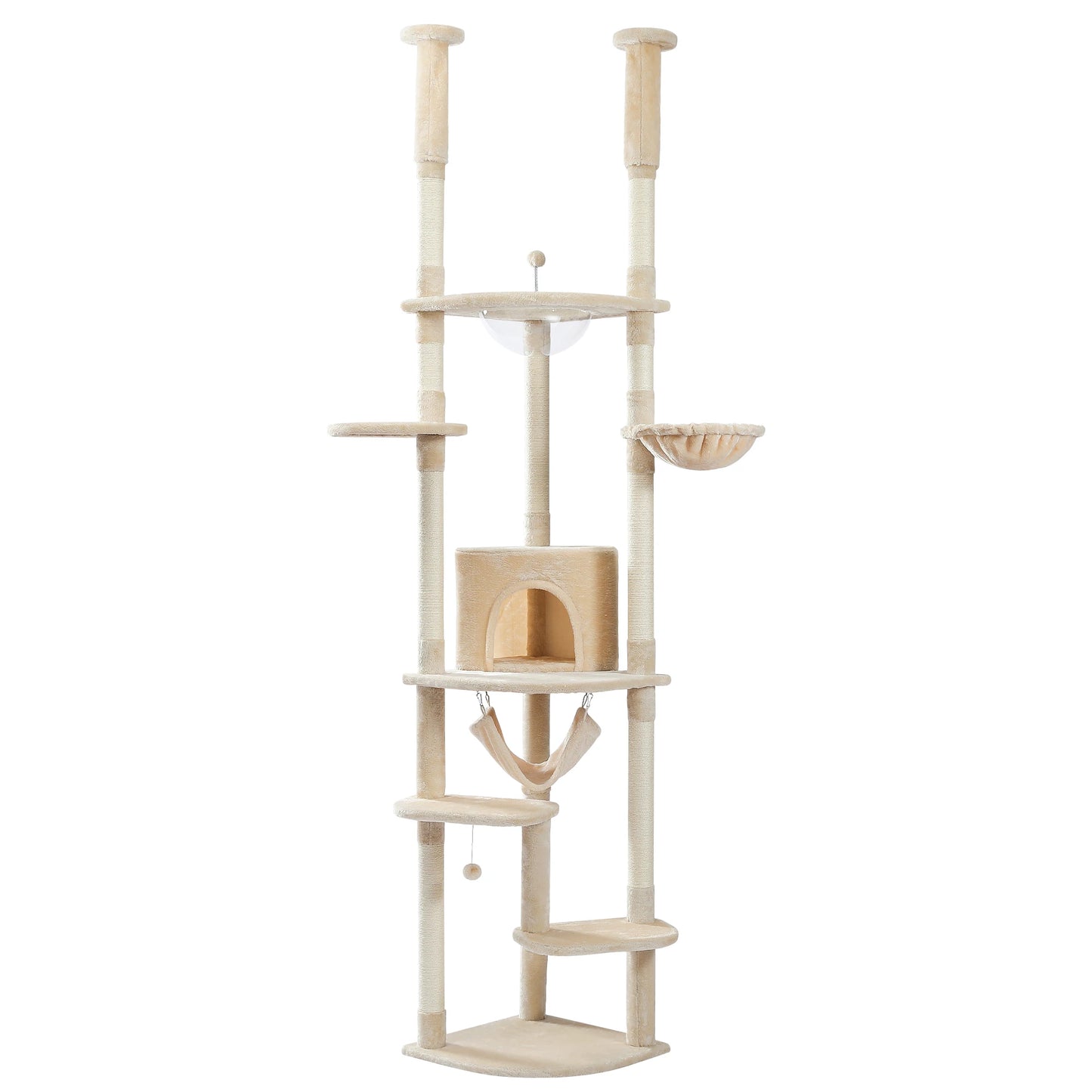 Floor to Ceiling Cat Tree Adjustable, Cat Tower Tall Kitty Climbing Play House with Scratching Posts, Cozy Condo Perches, Hammock