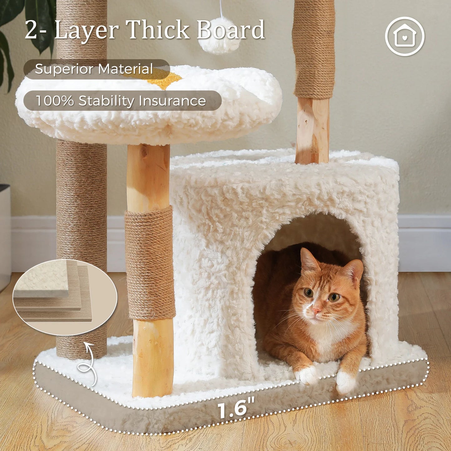 Solid Wood Cat Tree, Modern Cat Tower with Spacious Cat Condo, Flower Perches, Fun Pompom, Double Comfort Perfect for Indoor Kittens