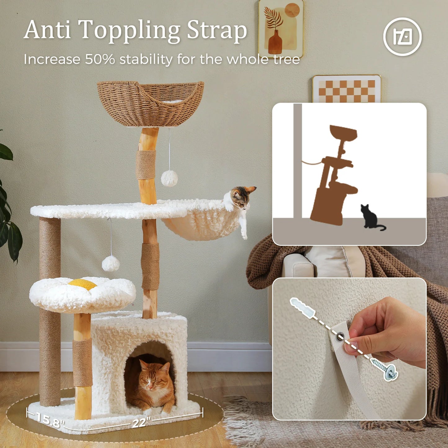 Solid Wood Cat Tree, Modern Cat Tower with Spacious Cat Condo, Flower Perches, Fun Pompom, Double Comfort Perfect for Indoor Kittens