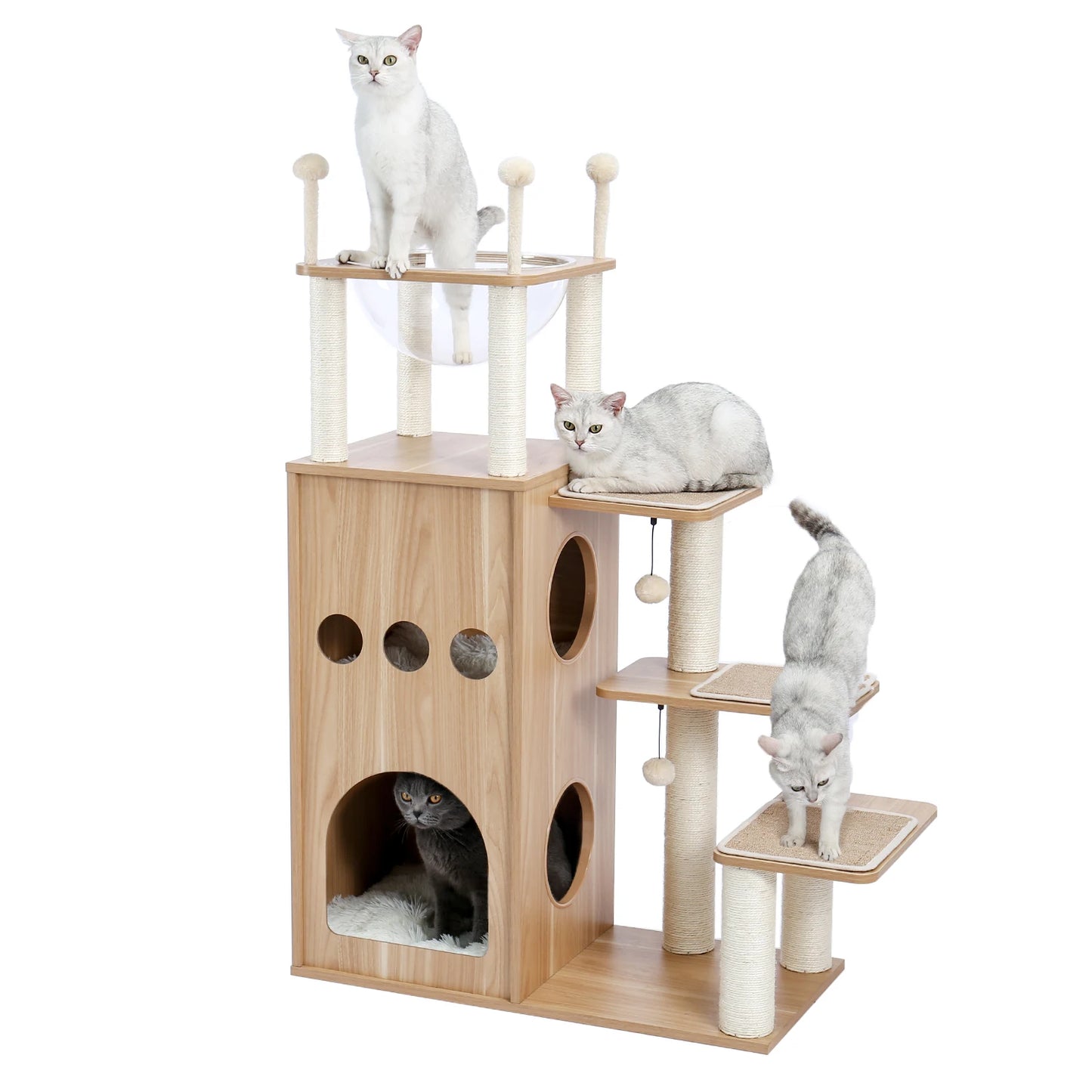 Multi-Level Cat Tree for Indoor Wood Cat , Tower with Scratching Posts Spacious Condo, Hammock Top Perch Cat Scratcher