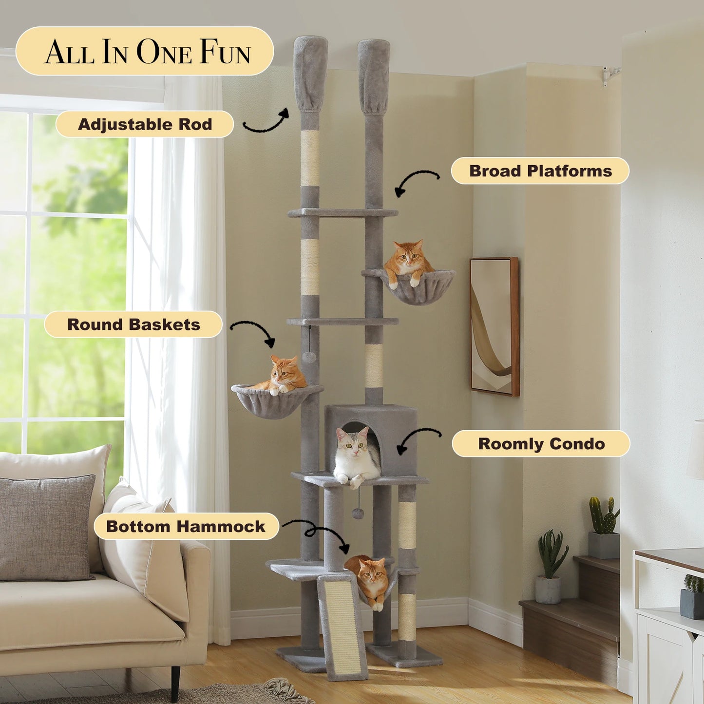 Cactus Cat Tree Floor to Ceiling, Cat Tower 7 Tiers, Cat Climbing Tree with Cozy Hammocks and Condos 5 Platforms, Scratching Posts