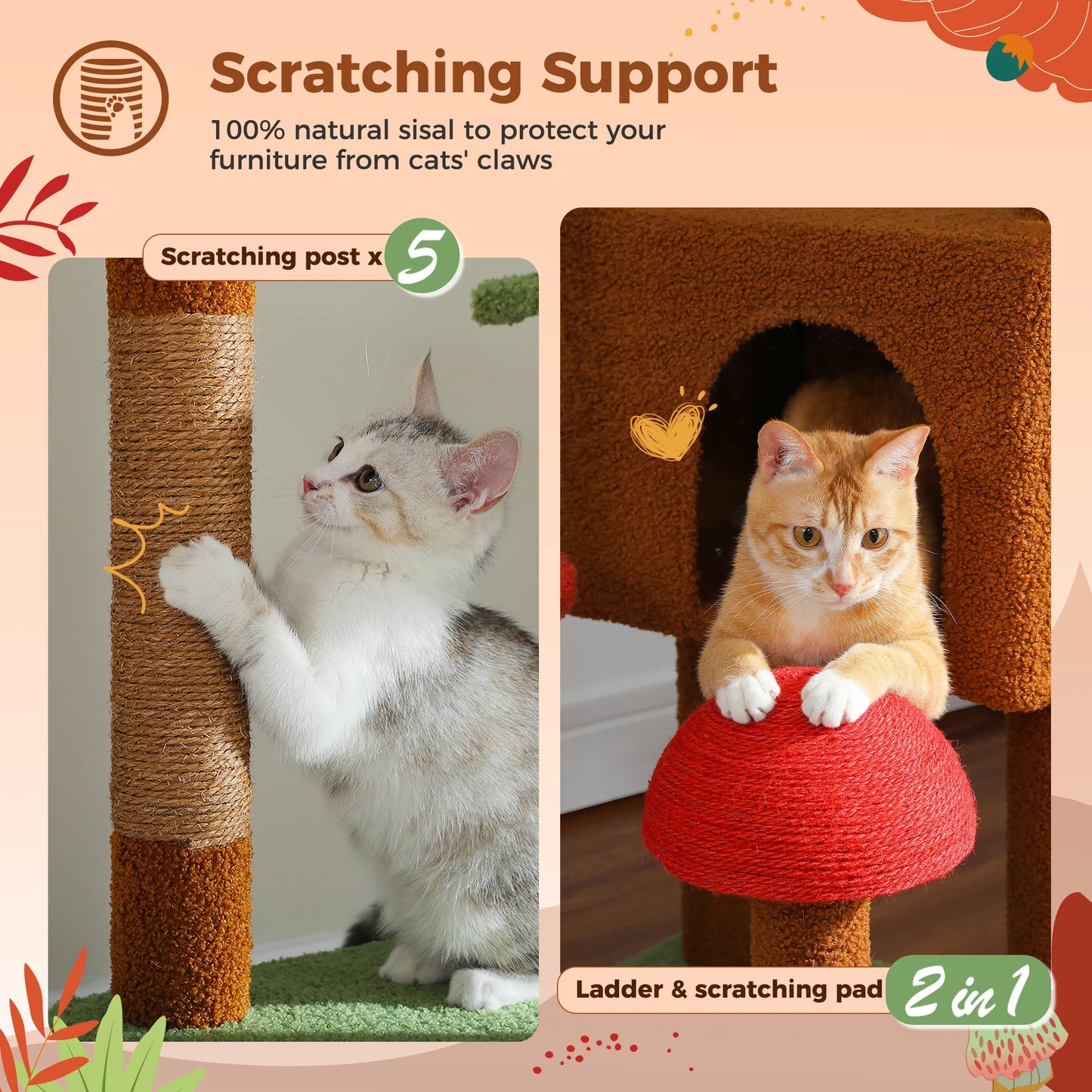 Cat Tree, Floor to Ceiling Cat Tower, Adjustable Height with Cat Condo,, Cozy Hammock and Scratching Post,,Tall Activity Tree Brown
