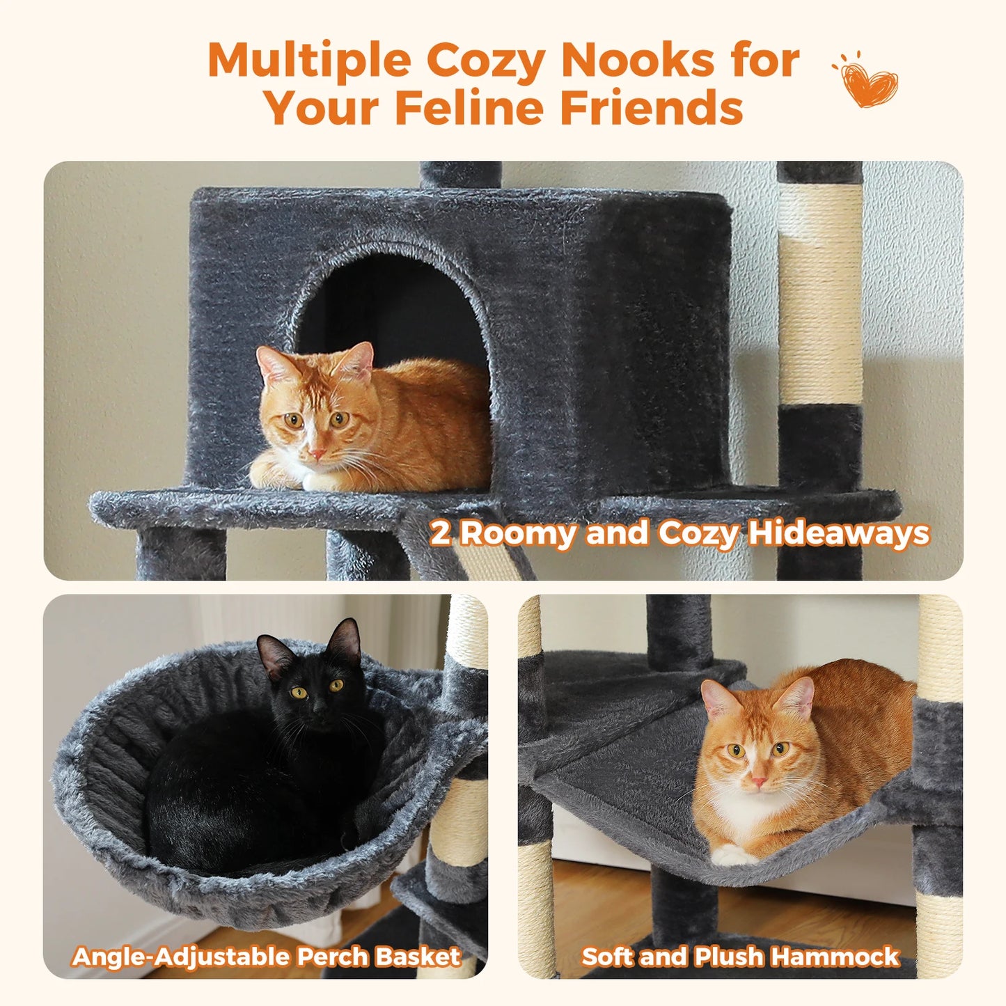 Tall Cat Tree with Scratching Posts Cozy Hammock Top Perch Multi-Level Large Cat Tower Spacious Cat Condo for Indoor Cat Toys