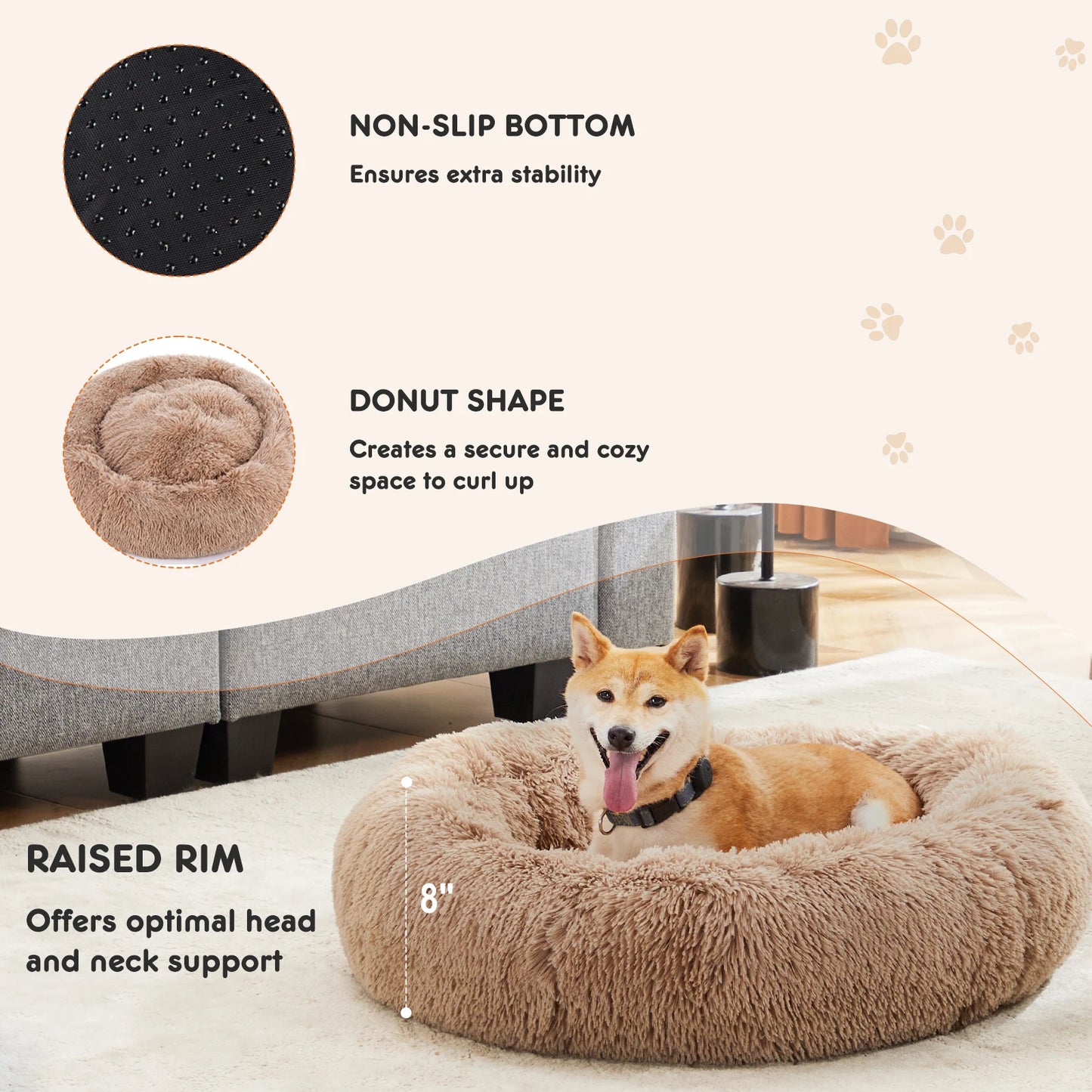 JHK Calming Dog Bed for Medium to Large Dogs , Washable Large Pet Bed , Anti-Slip Round Fluffy , Plush Faux Fur Dog Bed