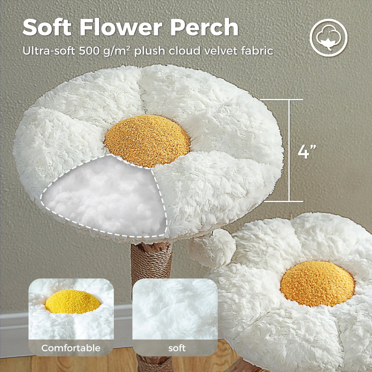 Solid Wood Cat Tree, Modern Cat Tower with Spacious Cat Condo, Flower Perches, Fun Pompom, Double Comfort Perfect for Indoor Kittens