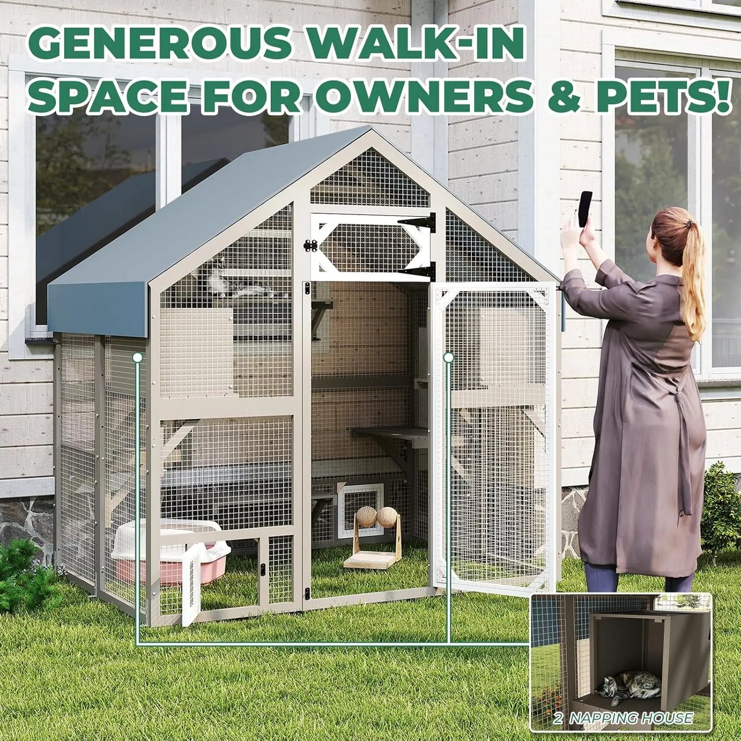 71" H Catio Outdoor Cat Enclosure Weatherproof, Large Walk-in Cat House Attached Window for Multiple Cats, Customized