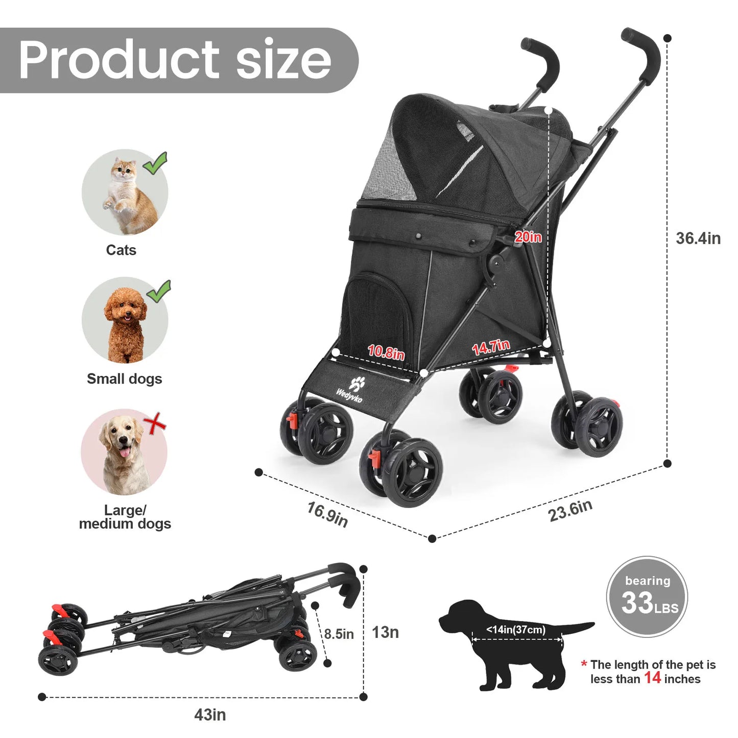 Wedyvko Pet Dog Stroller 4 Wheels, Puppy Stroller Rotate with Brakes Storage for Dogs Cats