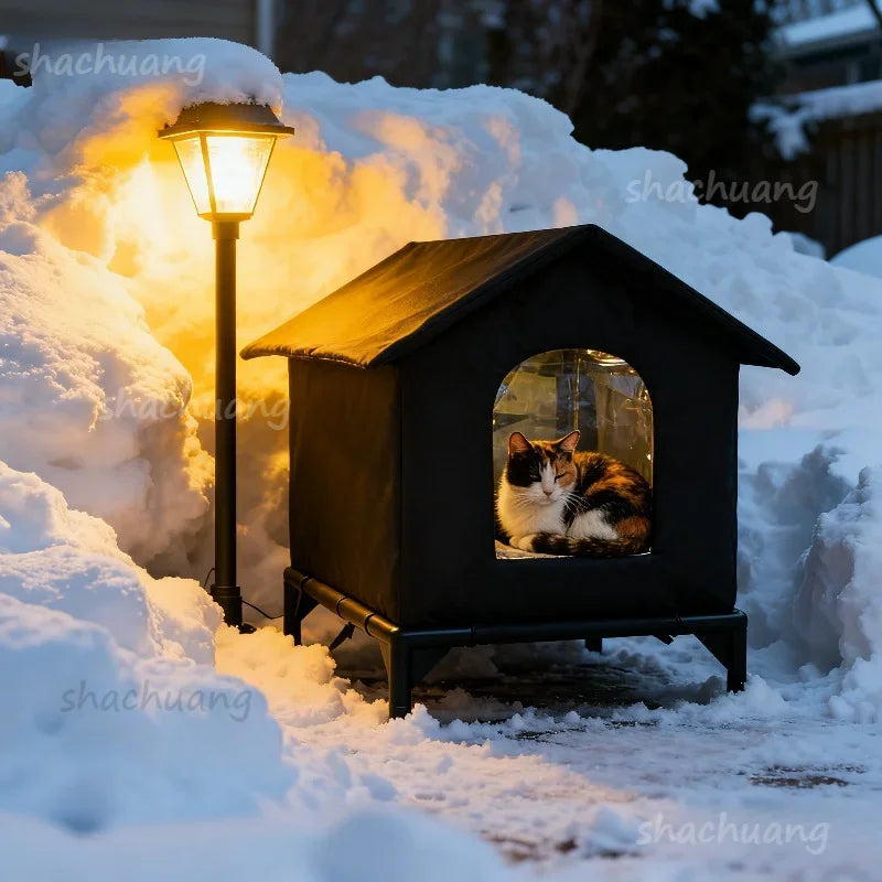 Large Outdoor Insulated Cat & Dog House -Winter Warm Elevated Shelter with Curtain Roof, Sturdy Zipper-Access Door & Stable Base