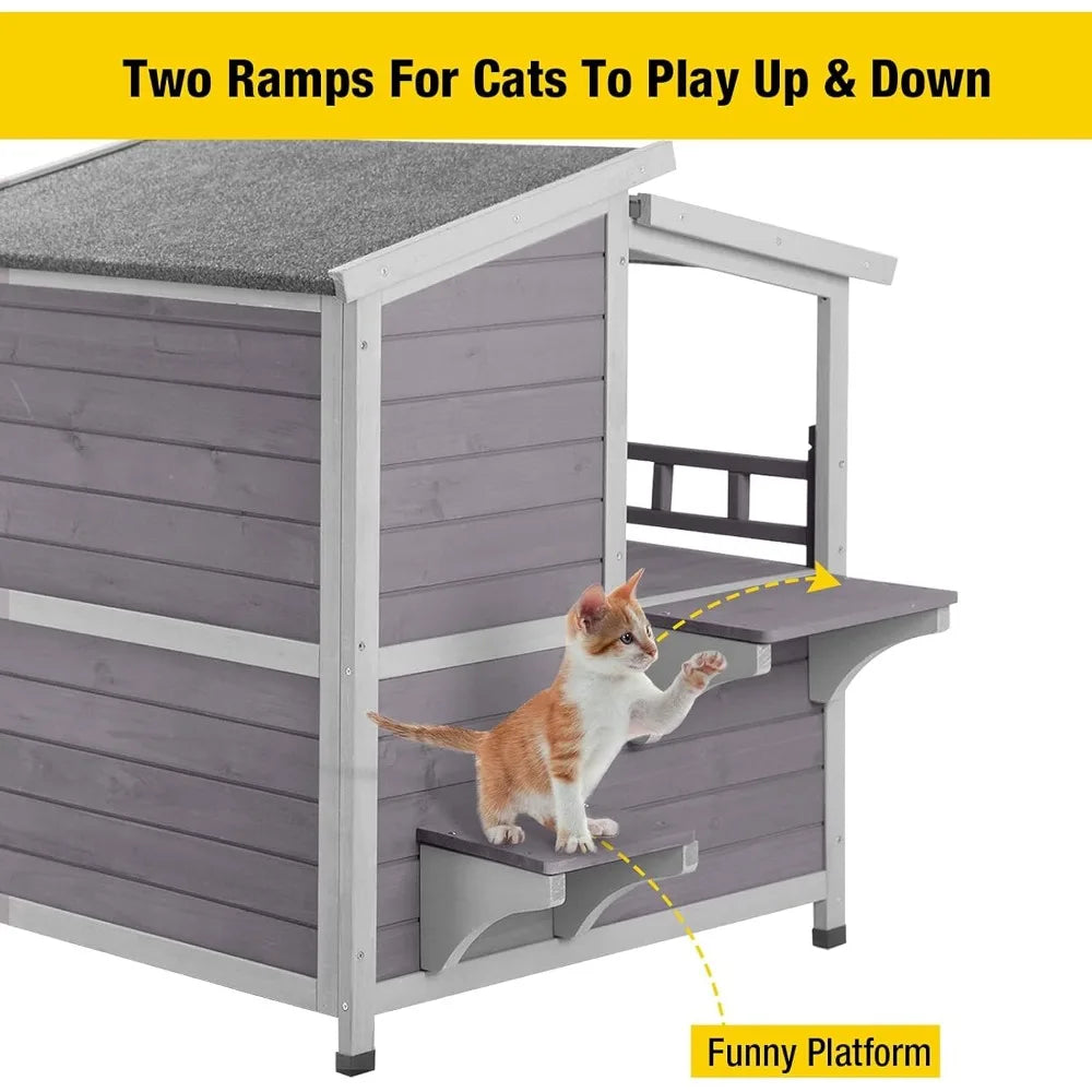 Outdoor Feral Cat House Wooden Kitty Shelter with Large Balcony, Escape Door, Waterproof