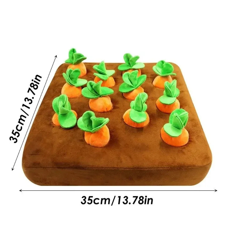 Plush carrot dog reinforced puzzle toy for interactive play, mental stimulation and foraging carrot patch dog puzzle toy