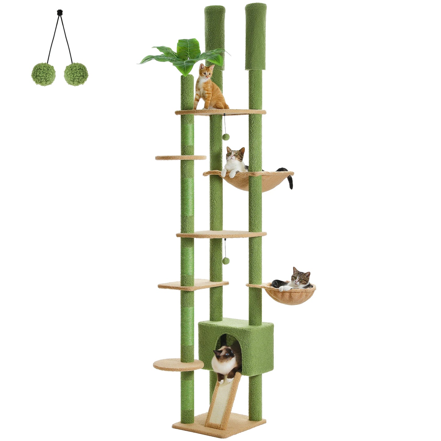 Height Adjustable Wooden Cat Tree with Large Hammock, Sisal Scratching Posts ,Floor to Ceiling Cat Tower ,Cozy Cat Condo for Indoor