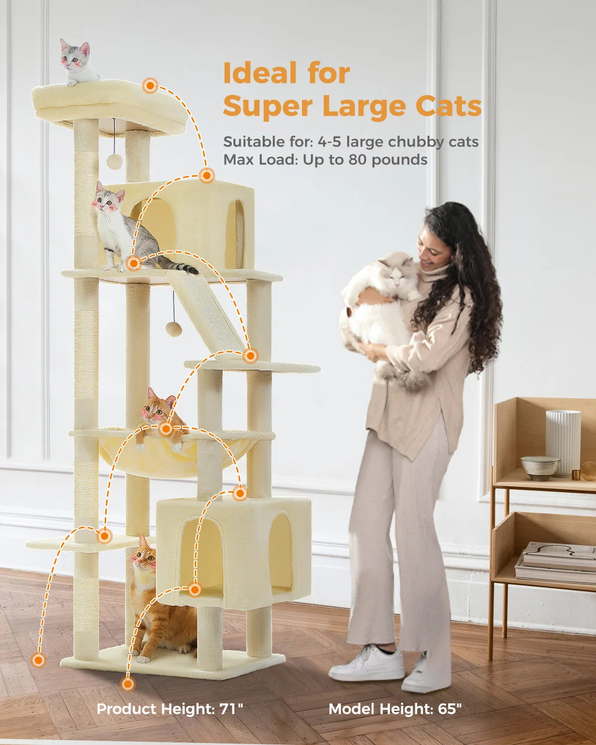 Tall Cat Tree with Scratching Posts Cozy Hammock Top Perch Multi-Level Large Cat Tower Spacious Cat Condo for Indoor Cat Toys