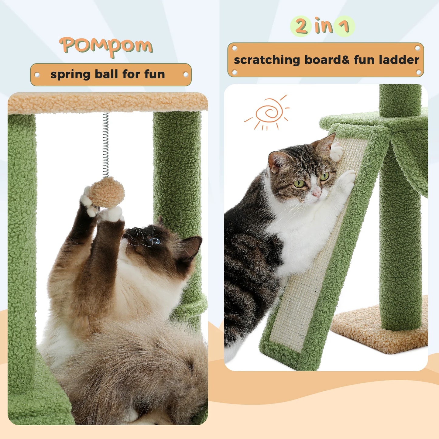 Cactus Cat Tree Floor to Ceiling, Cat Tower 7 Tiers, Cat Climbing Tree with Cozy Hammocks and Condos 5 Platforms, Scratching Posts