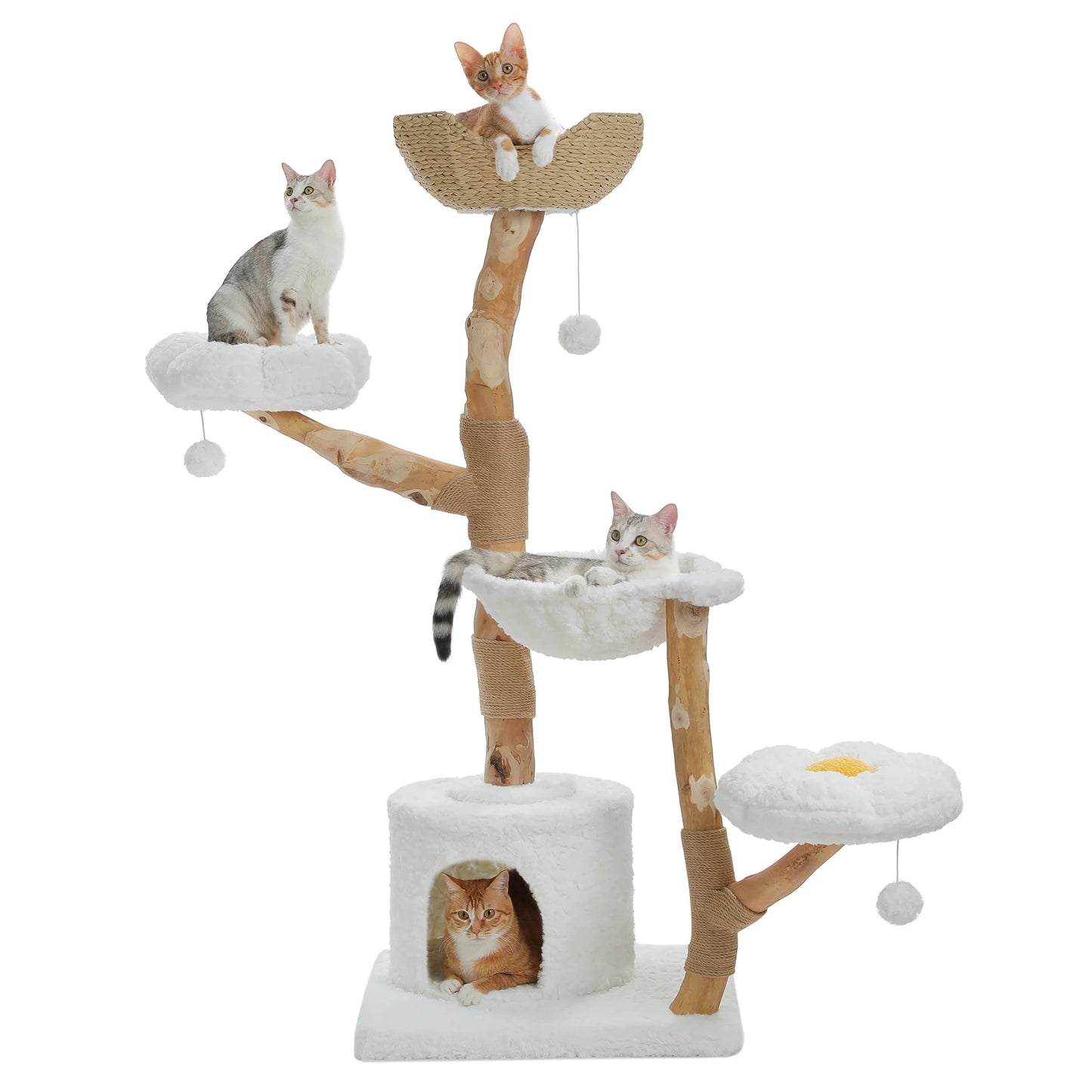 Solid Wood Cat Tree, Modern Cat Tower with Spacious Cat Condo, Flower Perches, Fun Pompom, Double Comfort Perfect for Indoor Kittens