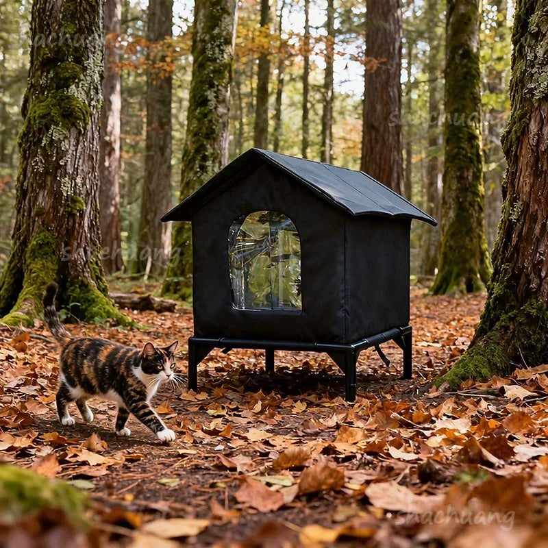 Large Outdoor Insulated Cat & Dog House -Winter Warm Elevated Shelter with Curtain Roof, Sturdy Zipper-Access Door & Stable Base