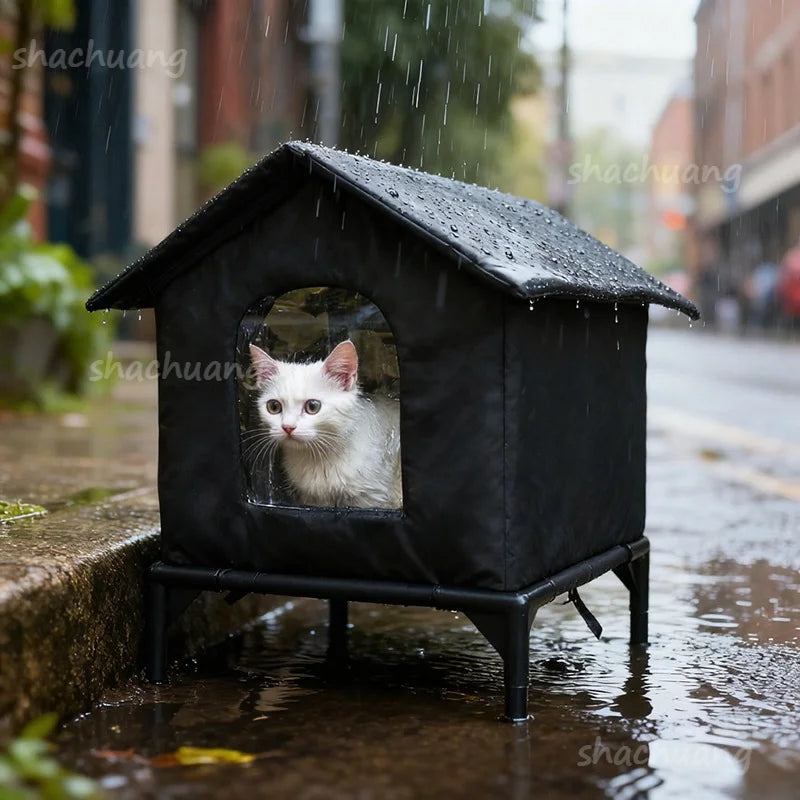 Large Outdoor Insulated Cat & Dog House -Winter Warm Elevated Shelter with Curtain Roof, Sturdy Zipper-Access Door & Stable Base