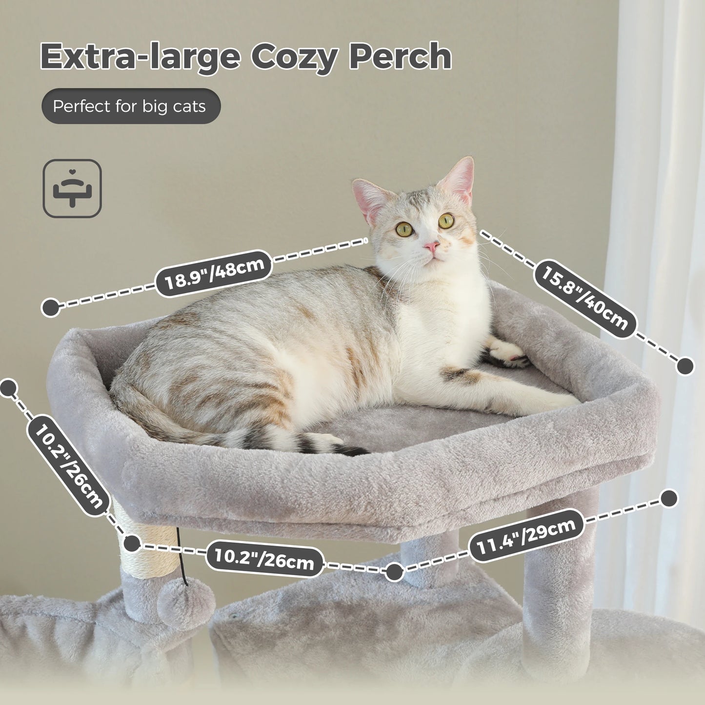 Tall Cat Tree with Scratching Posts Cozy Hammock Top Perch Multi-Level Large Cat Tower Spacious Cat Condo for Indoor Cat Toys
