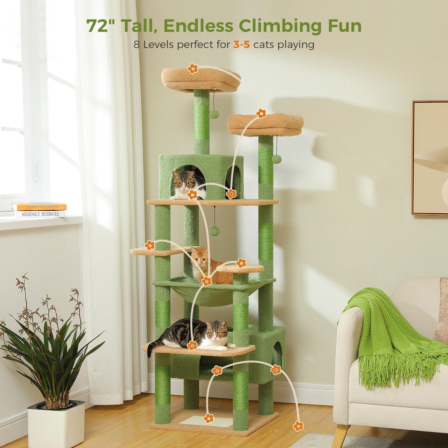 Multi-Level Cat Tree Tower with Scratching Posts &  Board , Hammock, Cat Condo, Spacious Top Perch,Dangling Balls for Indoor Cats