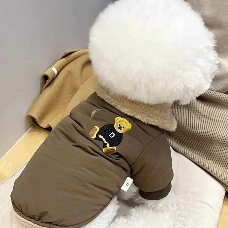 Winter Dog Clothes Luxury Bear Print Fur Collar Windproof Jacket, Chihuahua, Yorkies ,Warm Coat Puppy Outfit ,Clothing Pet Costume