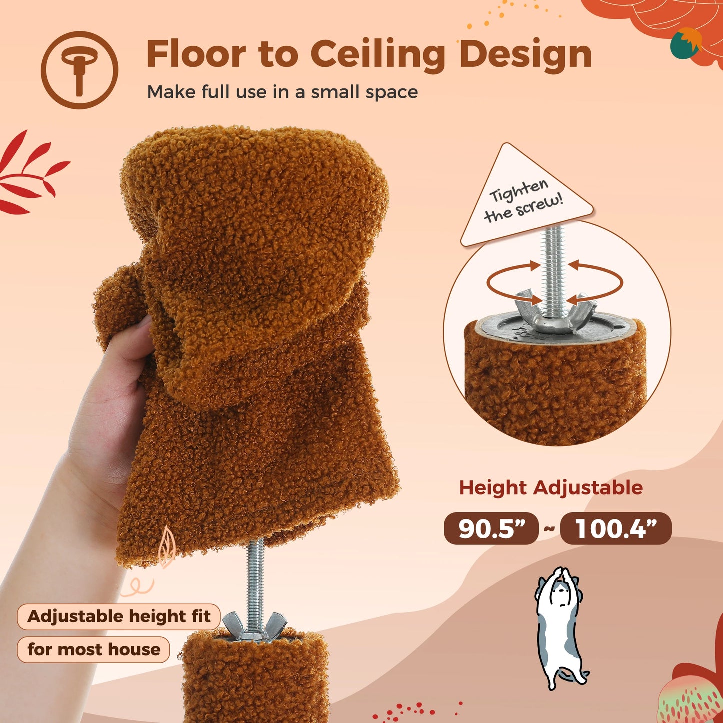 Cat Tree, Floor to Ceiling Cat Tower, Adjustable Height with Cat Condo,, Cozy Hammock and Scratching Post,,Tall Activity Tree Brown