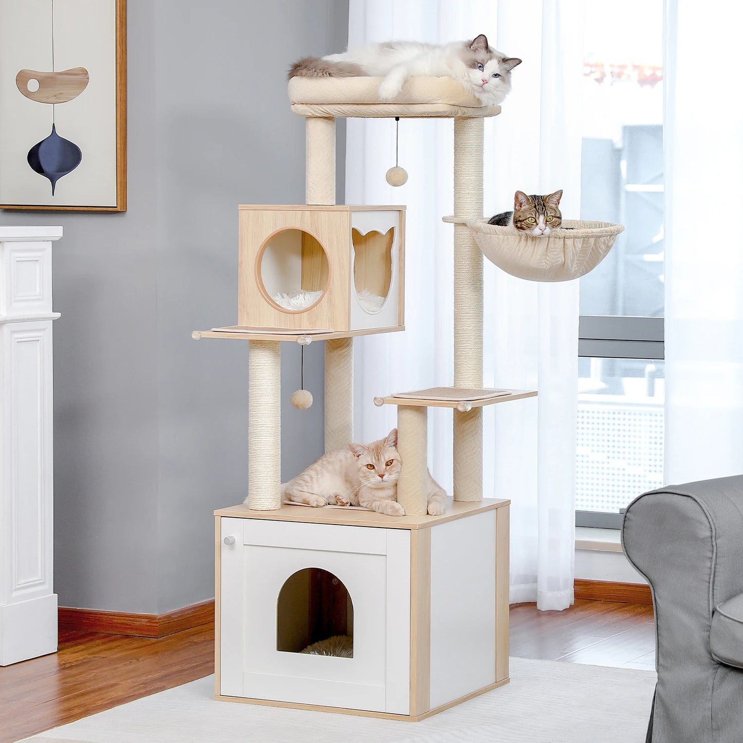 Multi-Level Cat Tree for Indoor Wood Cat , Tower with Scratching Posts Spacious Condo, Hammock Top Perch Cat Scratcher