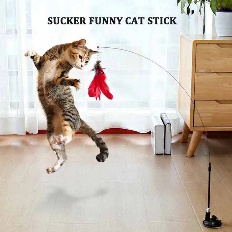 Funny Cat Toy Folorful Fluffy Feather With Bell Sucker Cat Stick Toy Kitten Play Interactive Detachable Teaser Wand Cat Supplies