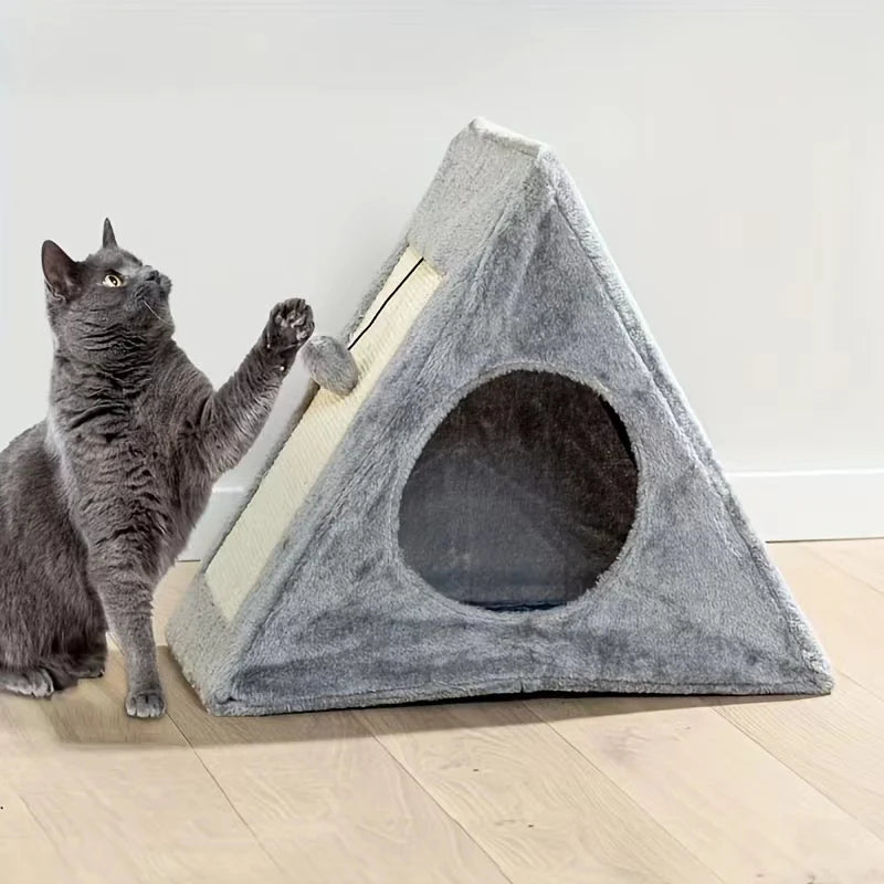 Pet bed suitable for cats under 15 pounds, with plush toy ball and cat scratching board