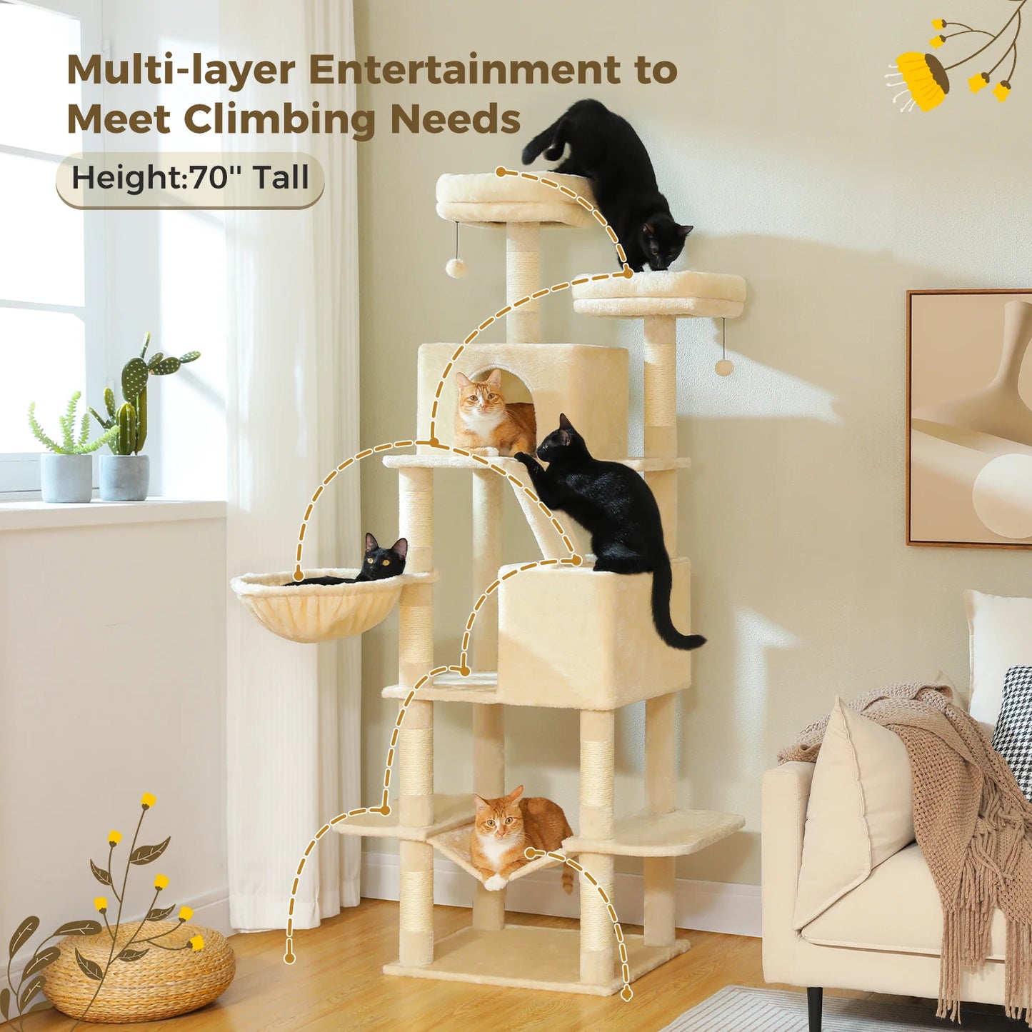 Tall Cat Tree with Scratching Posts Cozy Hammock Top Perch Multi-Level Large Cat Tower Spacious Cat Condo for Indoor Cat Toys
