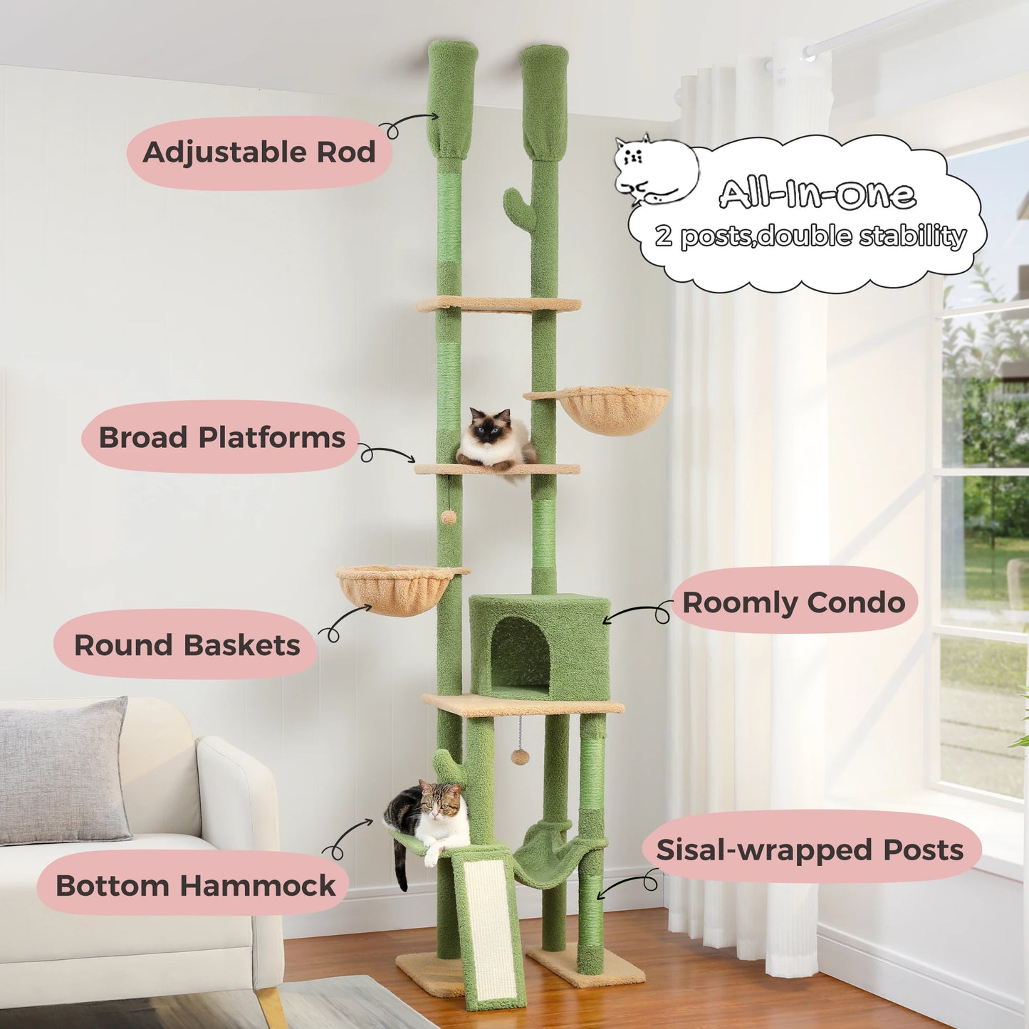 Cactus Cat Tree Floor to Ceiling, Cat Tower 7 Tiers, Cat Climbing Tree with Cozy Hammocks and Condos 5 Platforms, Scratching Posts