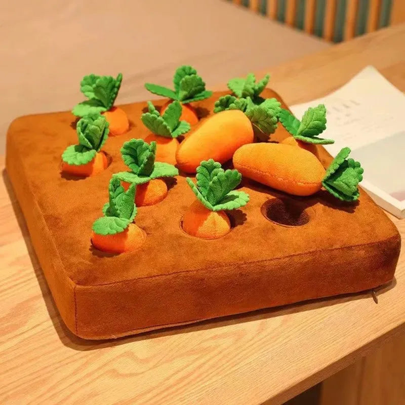 Plush carrot dog reinforced puzzle toy for interactive play, mental stimulation and foraging carrot patch dog puzzle toy