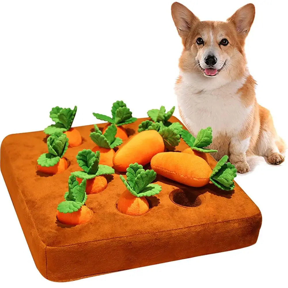 Plush carrot dog reinforced puzzle toy for interactive play, mental stimulation and foraging carrot patch dog puzzle toy