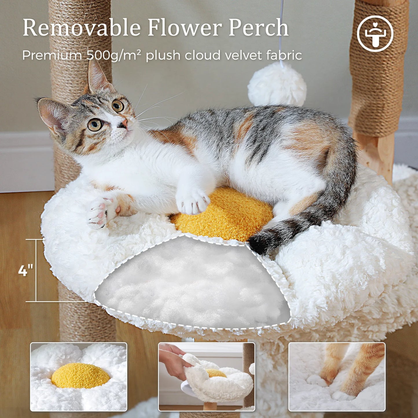 Solid Wood Cat Tree, Modern Cat Tower with Spacious Cat Condo, Flower Perches, Fun Pompom, Double Comfort Perfect for Indoor Kittens