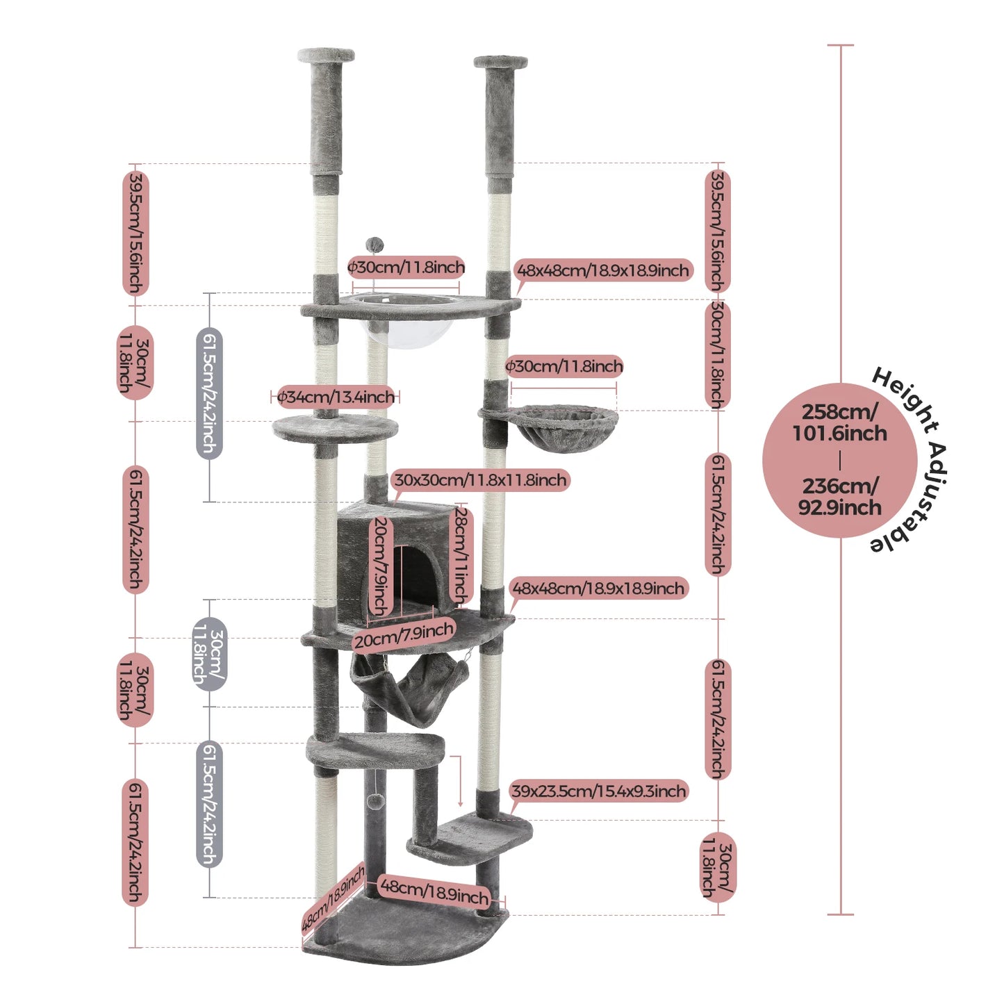 Floor to Ceiling Cat Tree Adjustable, Cat Tower Tall Kitty Climbing Play House with Scratching Posts, Cozy Condo Perches, Hammock