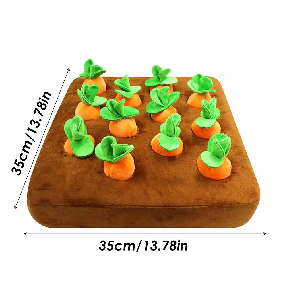 Plush carrot dog reinforced puzzle toy for interactive play, mental stimulation and foraging carrot patch dog puzzle toy