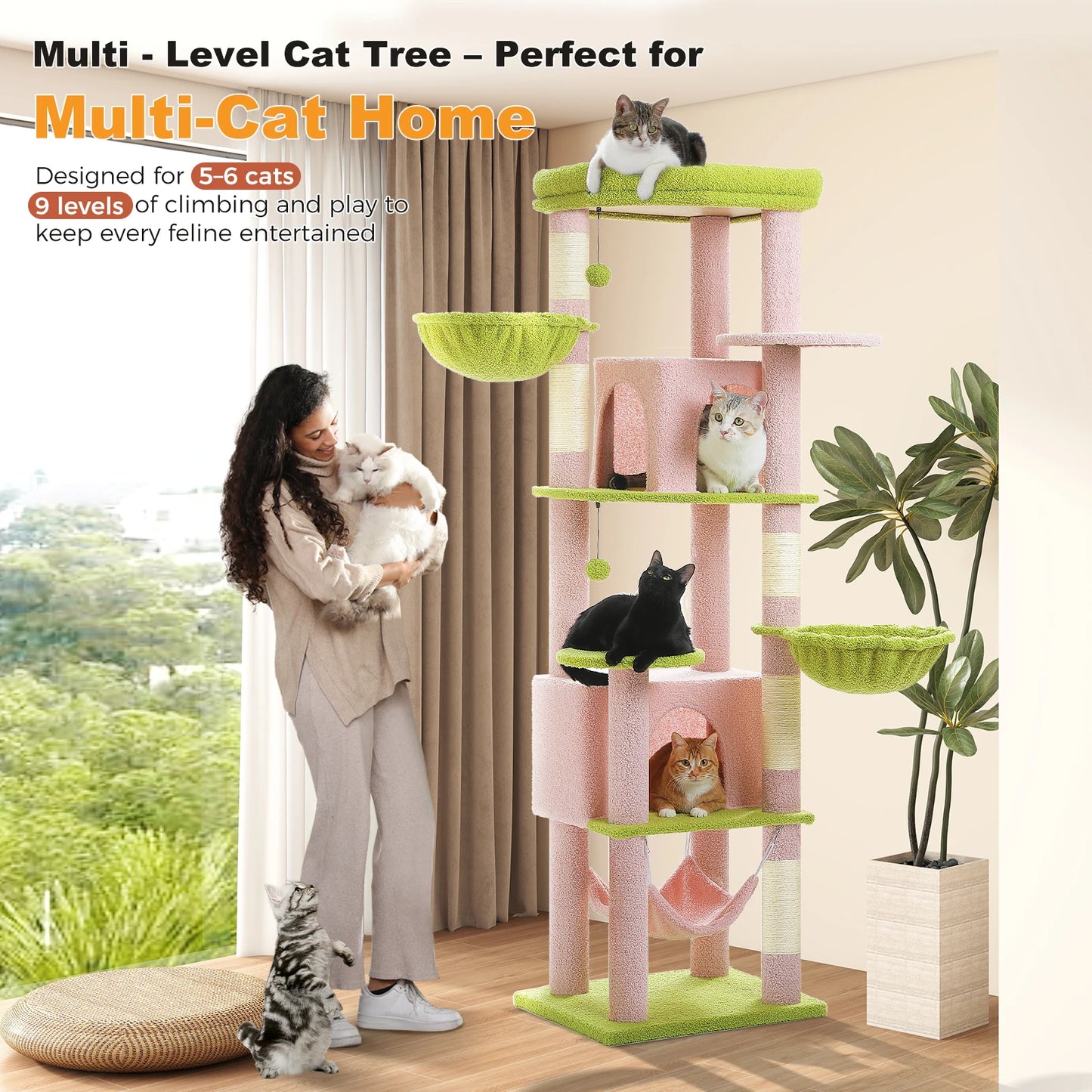 Tall Cat Tree with Scratching Posts Cozy Hammock Top Perch Multi-Level Large Cat Tower Spacious Cat Condo for Indoor Cat Toys
