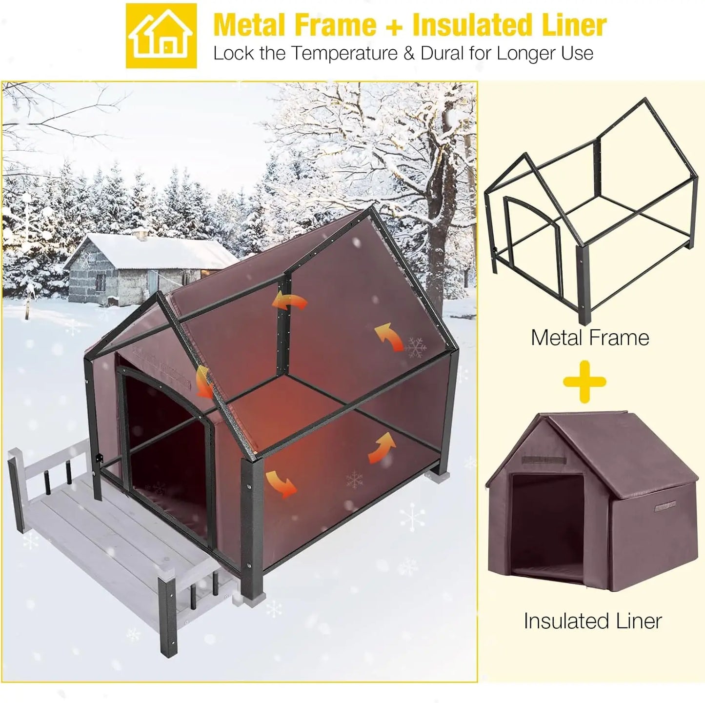 Dog House Outdoor with Metal Frame, Insulated Dog Kennel Outside for Small to Medium Breed, 45' Weatherproof Large Dog
