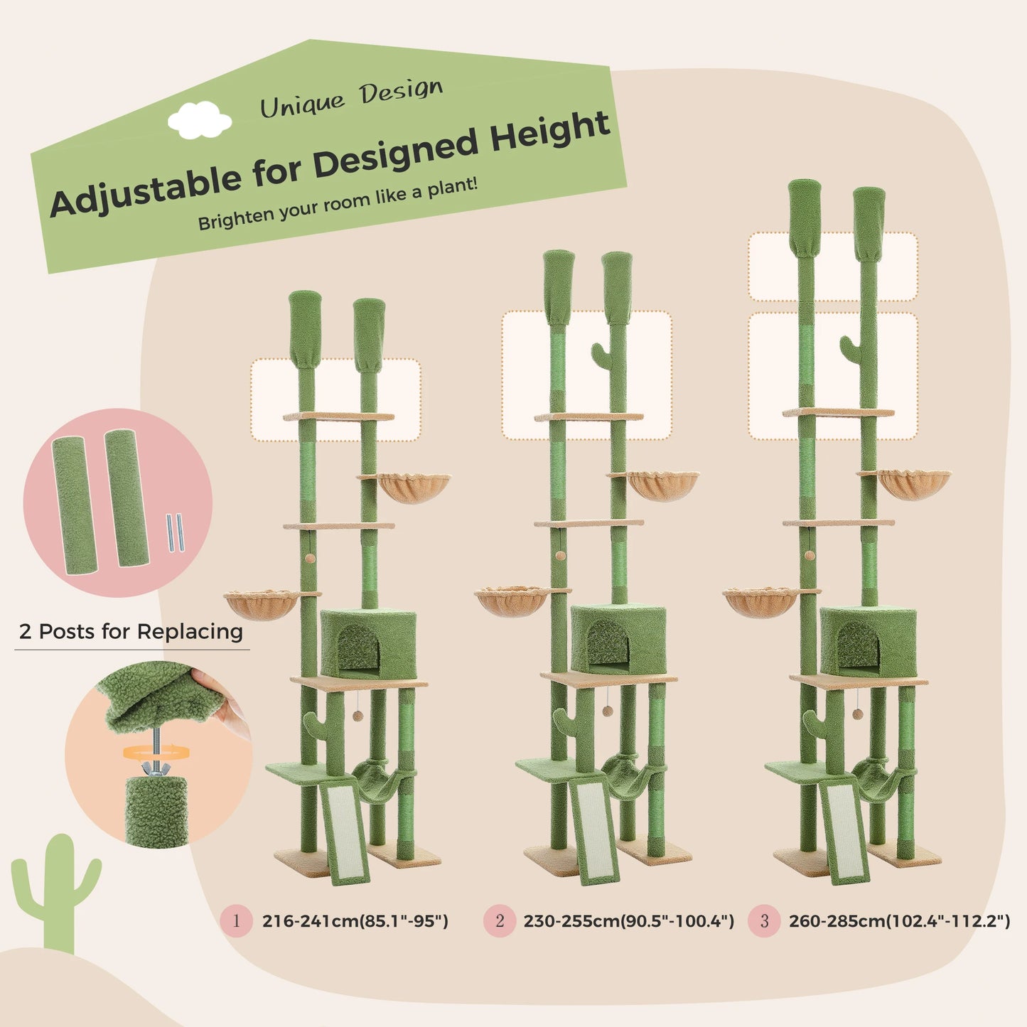 Cactus Cat Tree Floor to Ceiling, Cat Tower 7 Tiers, Cat Climbing Tree with Cozy Hammocks and Condos 5 Platforms, Scratching Posts